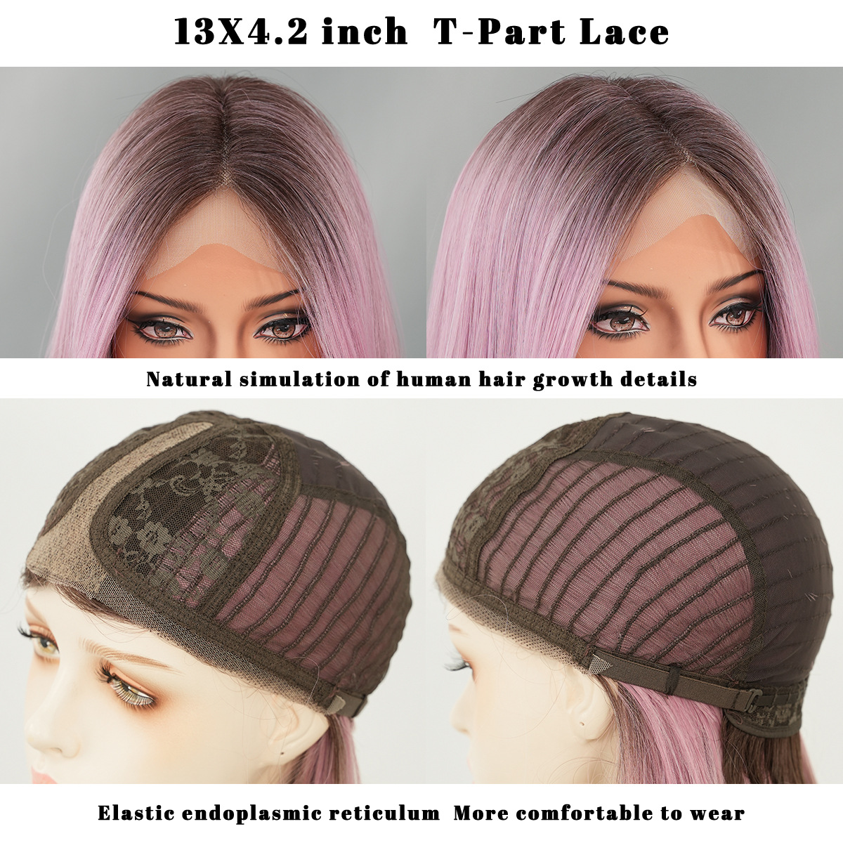 A trendy synthetic wig with pink gradient brown short straight hair, designed with small T lace and a middle part.