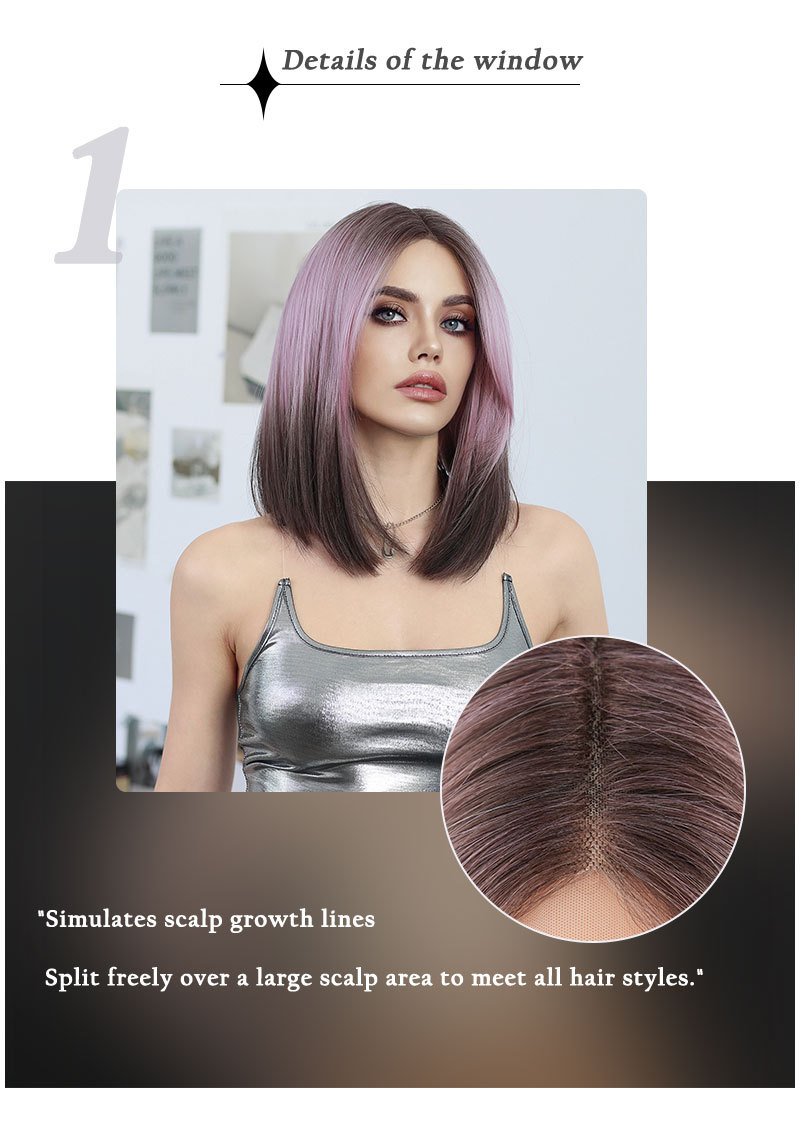 A chic synthetic wig featuring short straight hair with a pink gradient and brown highlights, parted in the middle and crafted with small T lace