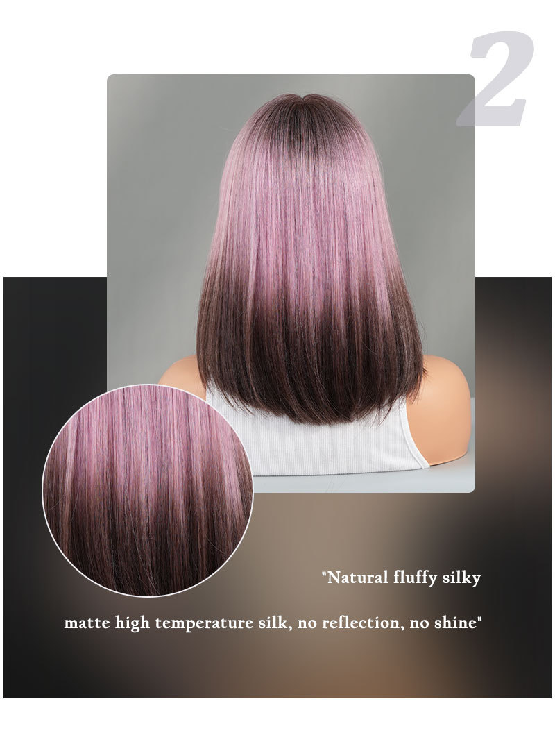 Image of a stylish synthetic wig with pink gradient brown short straight hair, designed with small T lace and a middle part