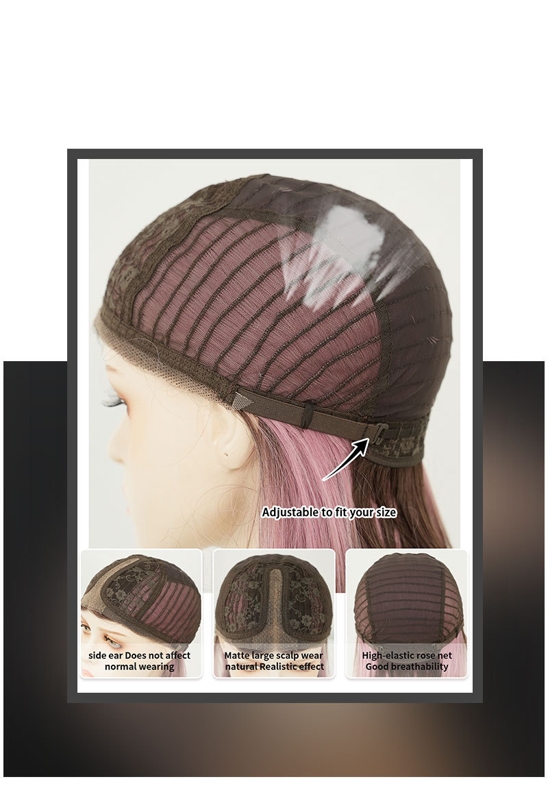 A trendy synthetic wig with short straight hair in a pink gradient and brown hues, featuring small T lace and a middle part