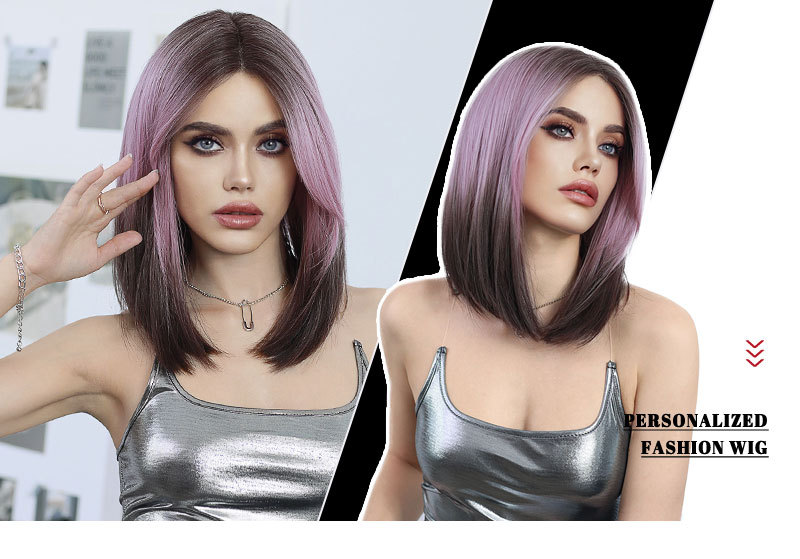 A synthetic wig with pink gradient brown short straight hair, featuring small T lace and a middle part