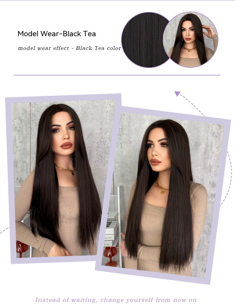 A handwoven lace wig for women, featuring synthetic long straight hair in a T-shaped design