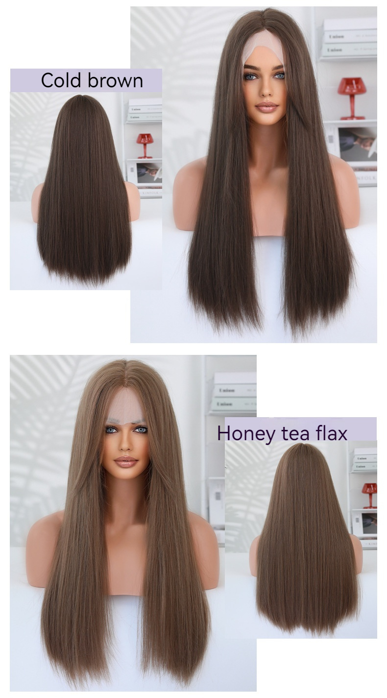 A synthetic wig handwoven in a T-shaped lace design, featuring long straight hair