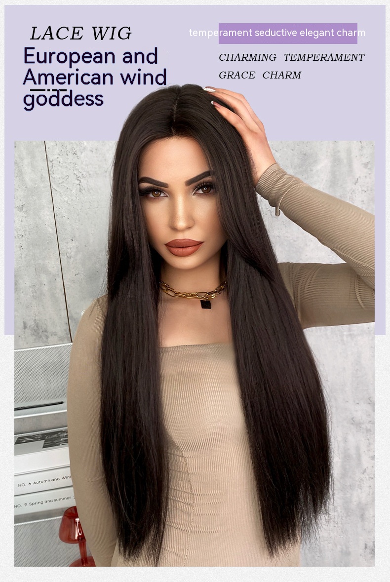 A handwoven lace wig with synthetic long straight hair, designed in a T-shaped style for women