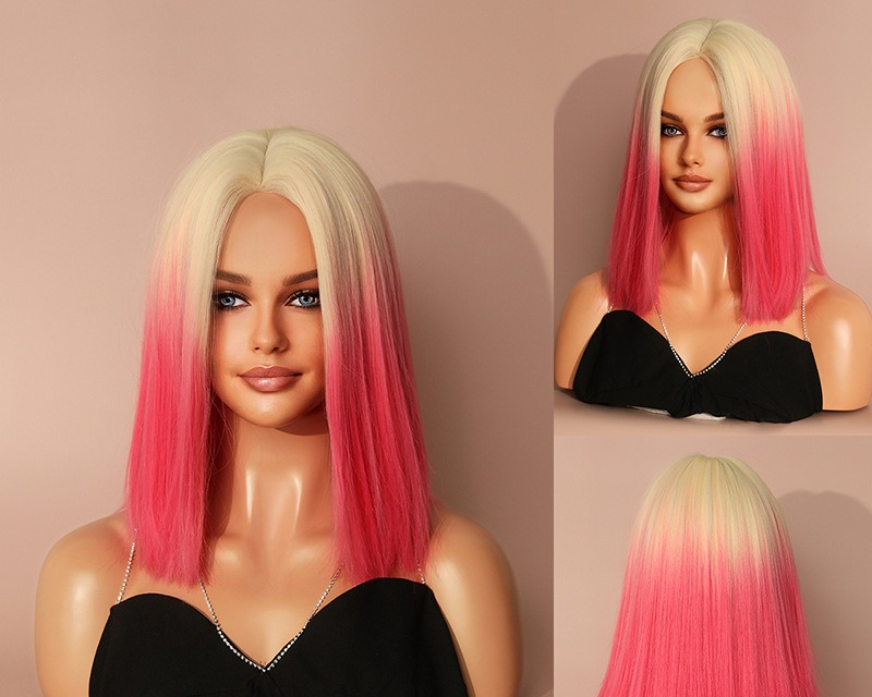 Women's wig in pink gradient synthetic hair with short straight hair, a classic choice