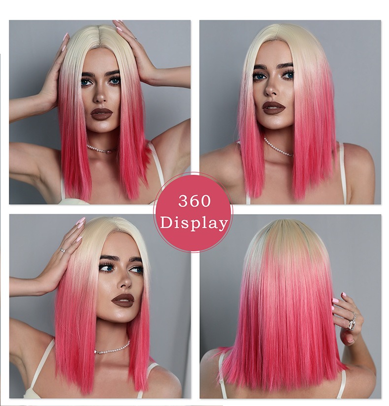 Chic pink gradient synthetic bob wig with short straight hair, designed for a stylish look