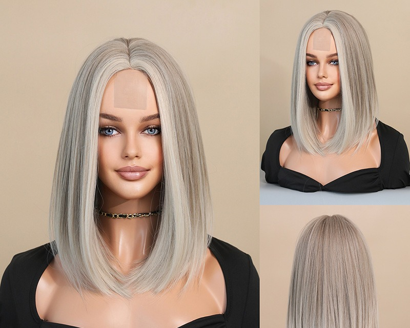 Chic blonde highlight synthetic wig with small lace wig, medium parting, and short straight hair, designed for a stylish look