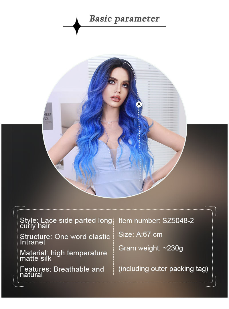 A fashionable synthetic wig with iris blue gradient color and wavy long curly hair, featuring small lace