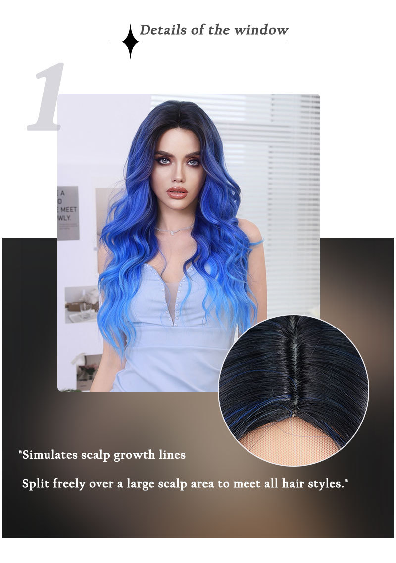 Image of a synthetic wig with iris blue gradient color, styled with wavy long curly hair and small lace