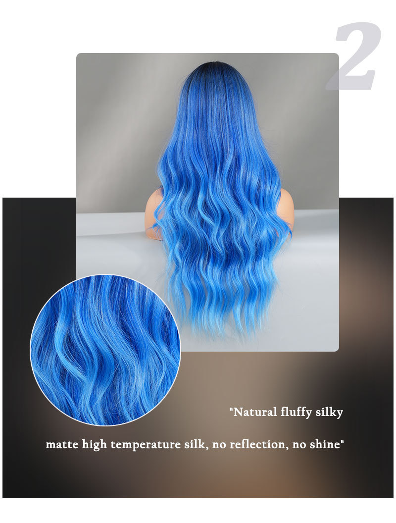 A synthetic wig featuring iris blue gradient color, wavy long curly hair, and small lace, ready to wear
