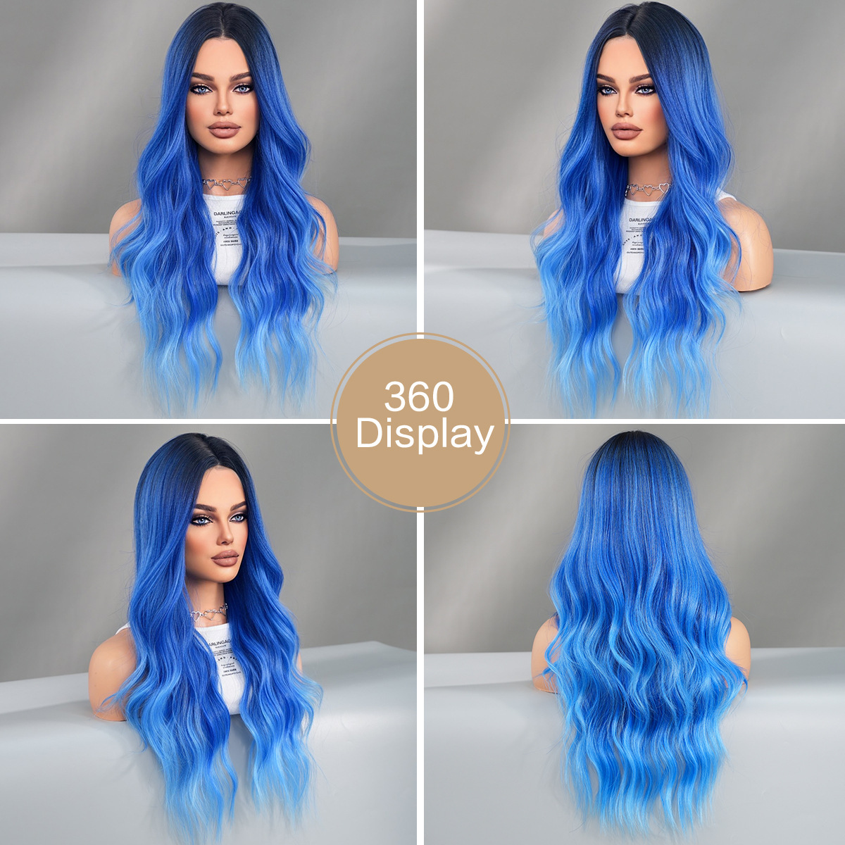 Image of a synthetic wig with iris blue gradient color, small lace, and wavy long curly hair