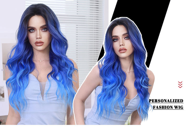 A synthetic wig featuring iris blue gradient color, small lace, and wavy long curly hair