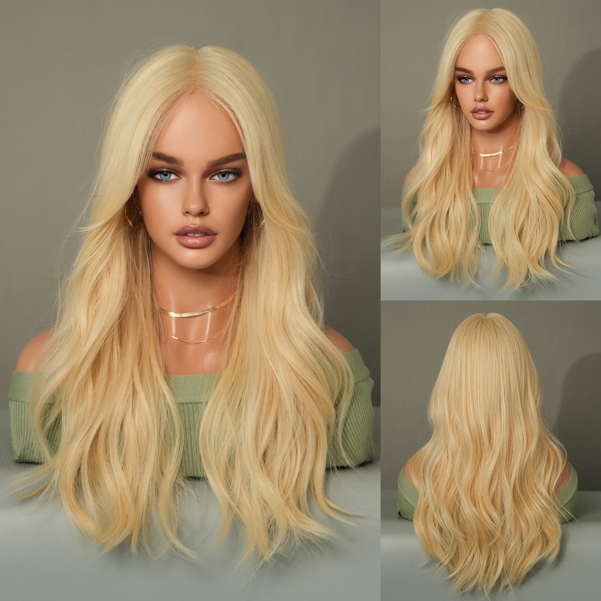 A handwoven synthetic lace wig for women, featuring a medium parted style and light blonde color.