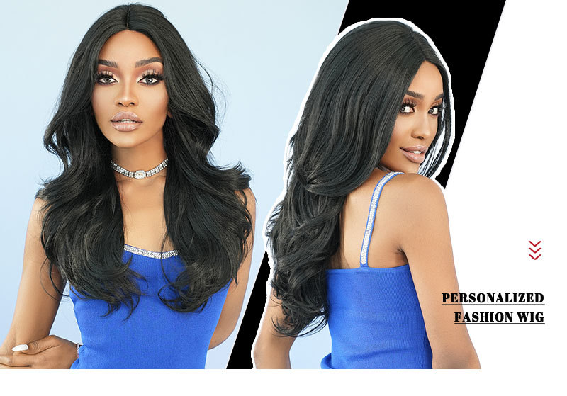 A synthetic wig with natural black medium-parted long curly hair, featuring small T lace