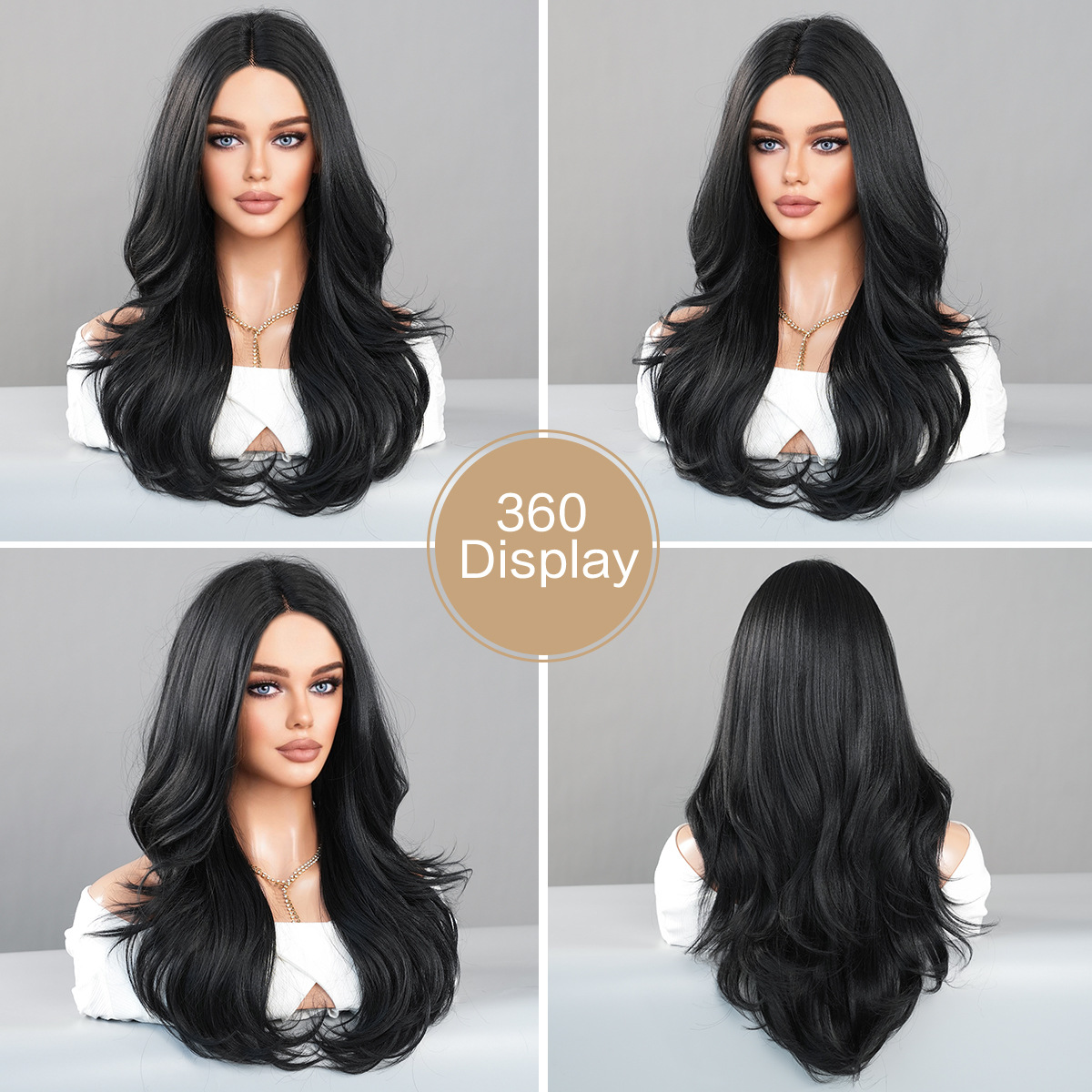 Stylish synthetic wig with small T lace, featuring natural black medium-parted long curly hair