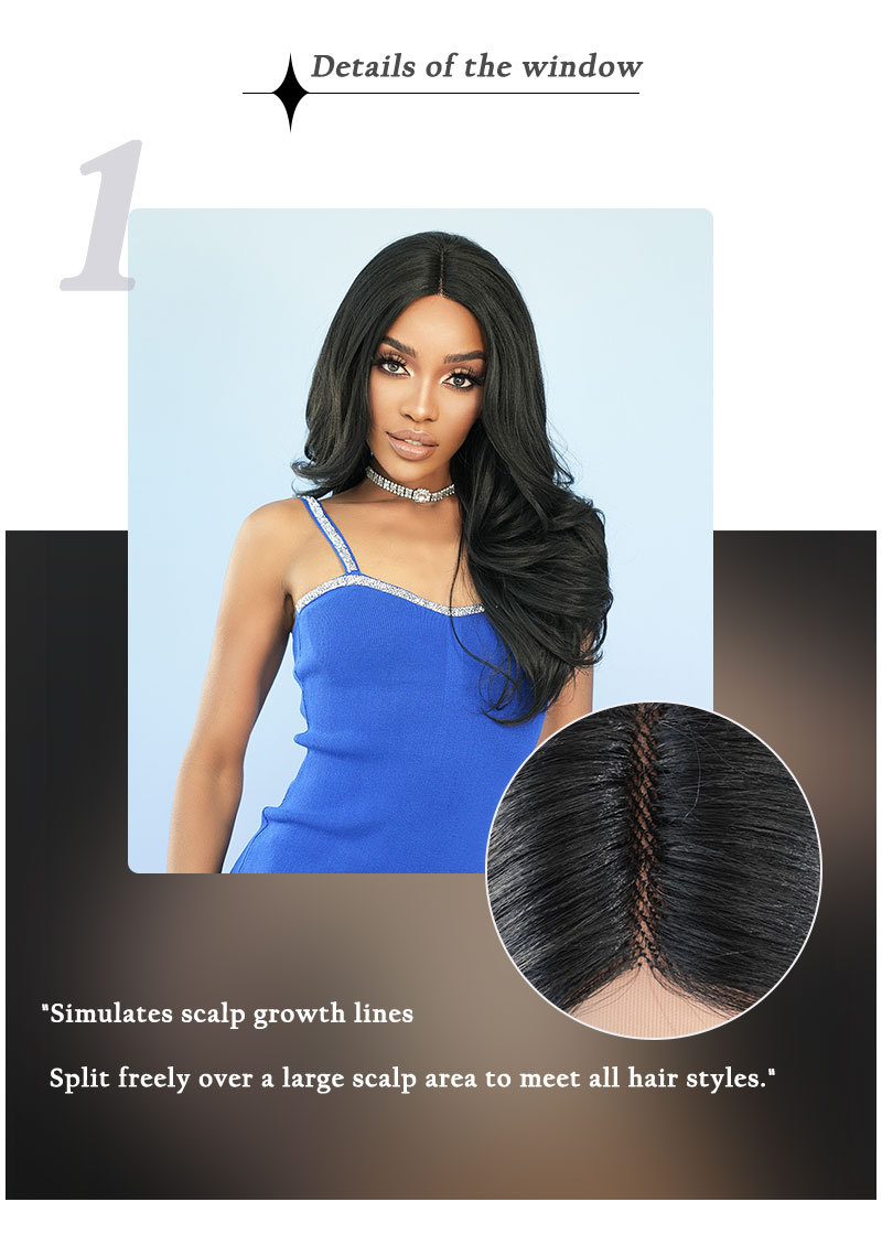 An elegant synthetic wig in natural black, featuring medium-parted long curly hair and small T lace front