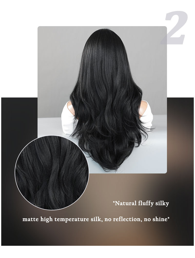 Image of a stylish synthetic wig with natural black medium-parted long curly hair and a small T lace front.