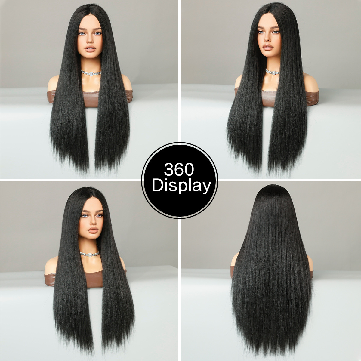 A synthetic wig featuring natural black long straight hair with a yaki texture, crafted with T-part lace and synthetic fiber for durability