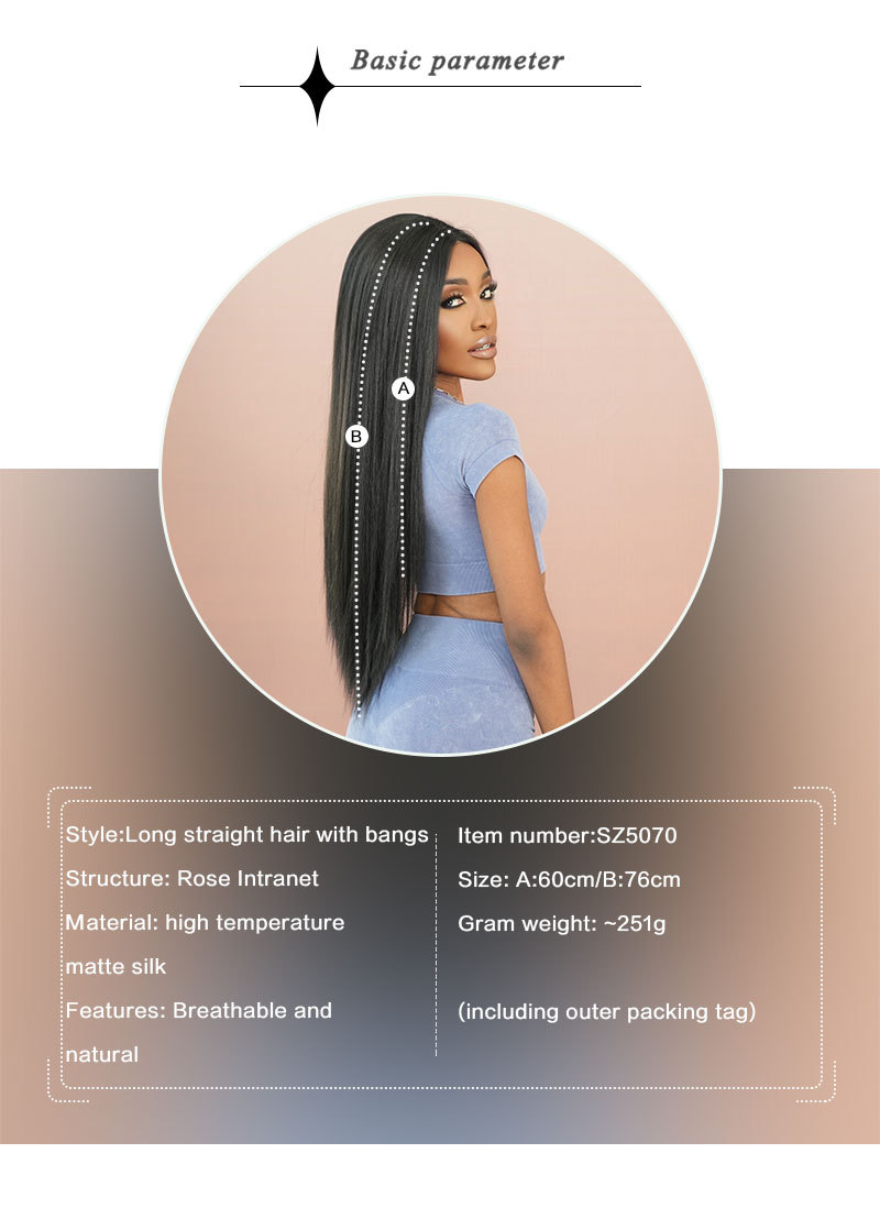mage of a synthetic wig with T-part lace and yaki texture, showcasing natural black long straight hair made of synthetic fiber.