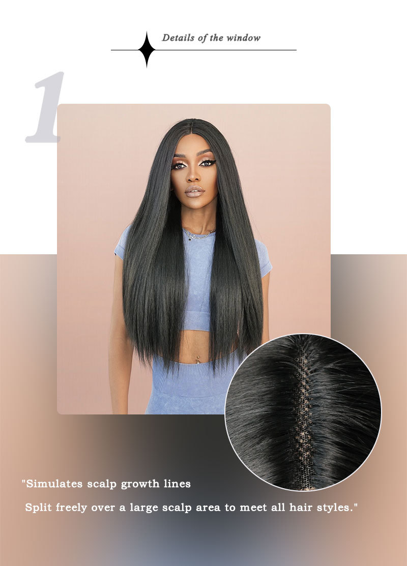 Stylish synthetic wig with T-part lace and yaki texture, featuring natural black long straight hair made of synthetic fiber.