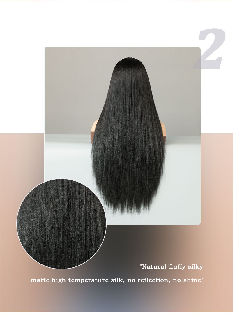 A fashionable synthetic wig with natural black long straight hair in a yaki texture, designed with T-part lace and synthetic fiber