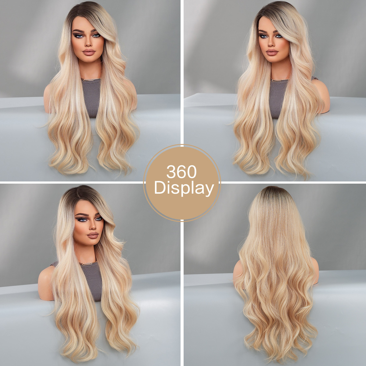 A stunning gold T-part lace wig designed for women, featuring synthetic wavy hair and a side part for a natural look