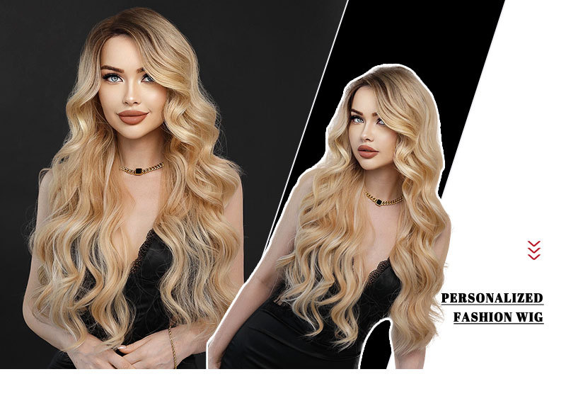 An elegant golden-brown highlighted synthetic wig designed for women, featuring medium-length curly hair and a petite T lace front