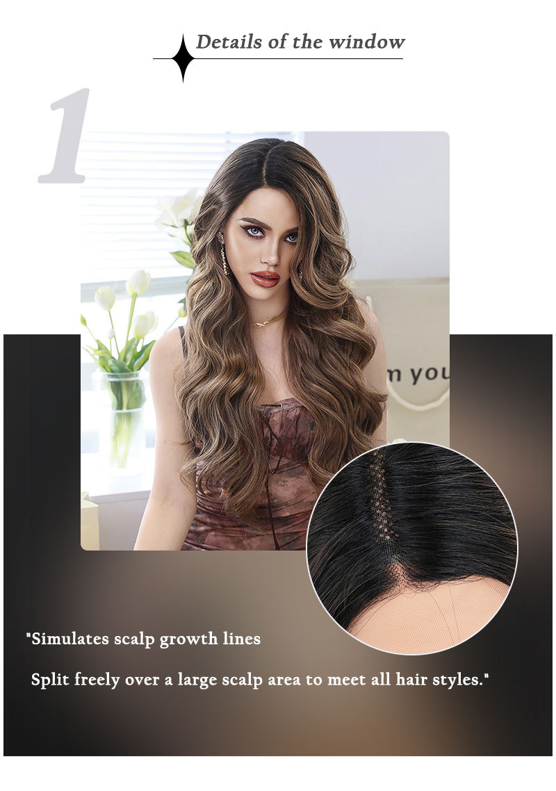 A synthetic wig featuring wavy mocha brown highlighted hair, styled with a side split and T-part lace