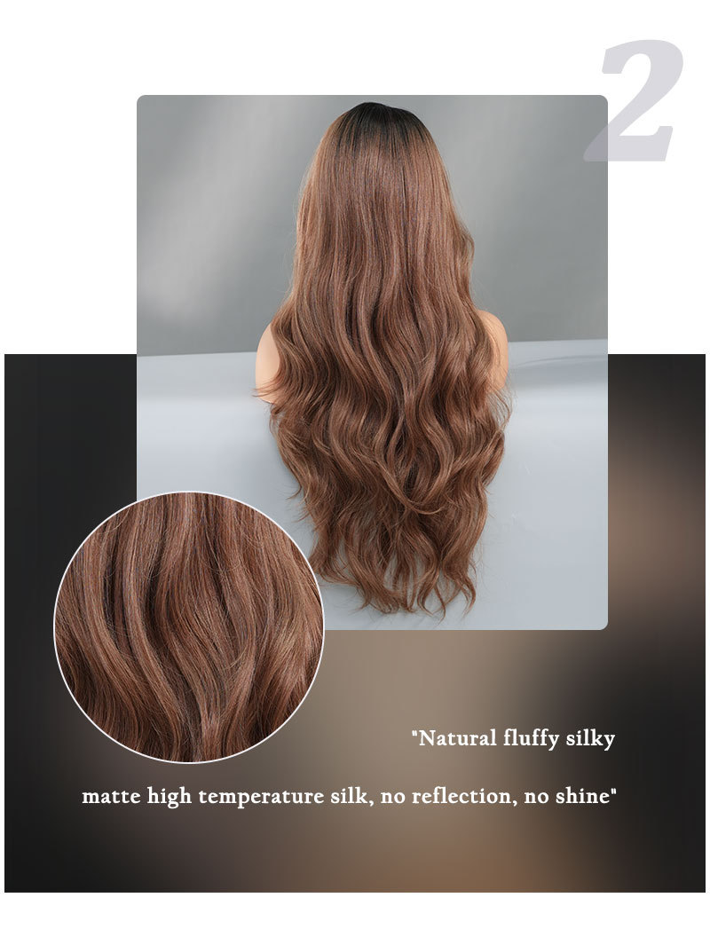 A synthetic wig with wavy mocha brown highlighted hair, featuring a side split and fiber T-part lace