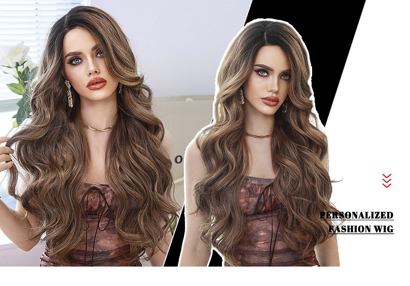 A synthetic wig featuring mocha brown highlighted wavy hair with a side split, made with fiber T-part lace