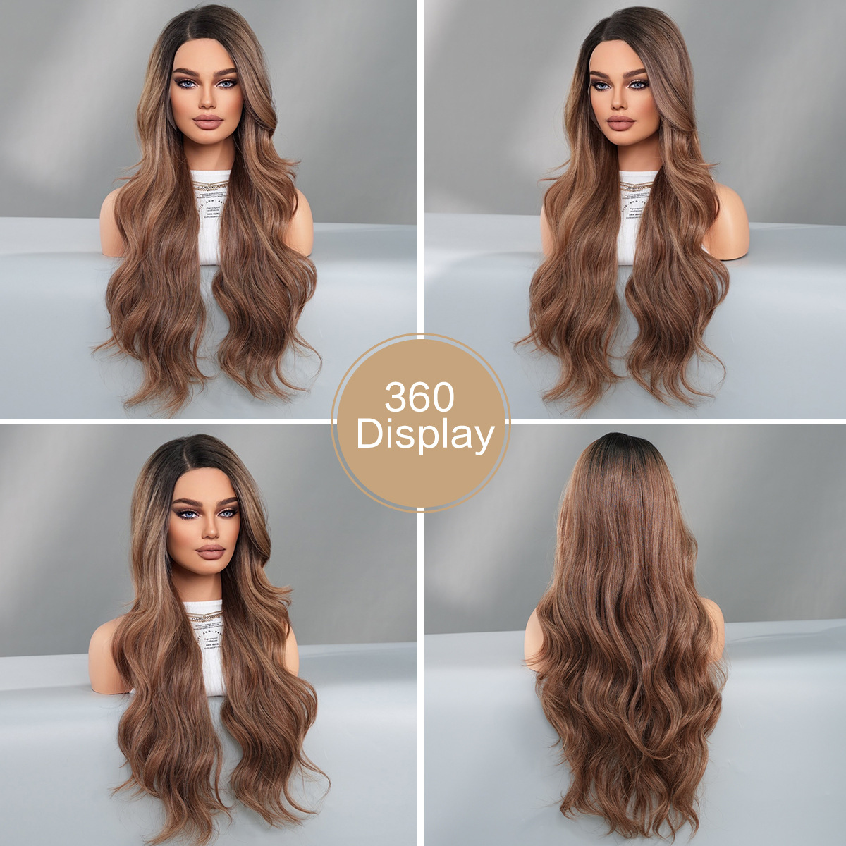 A synthetic wig with wavy mocha brown highlighted hair, featuring a side split and fiber T-part lace