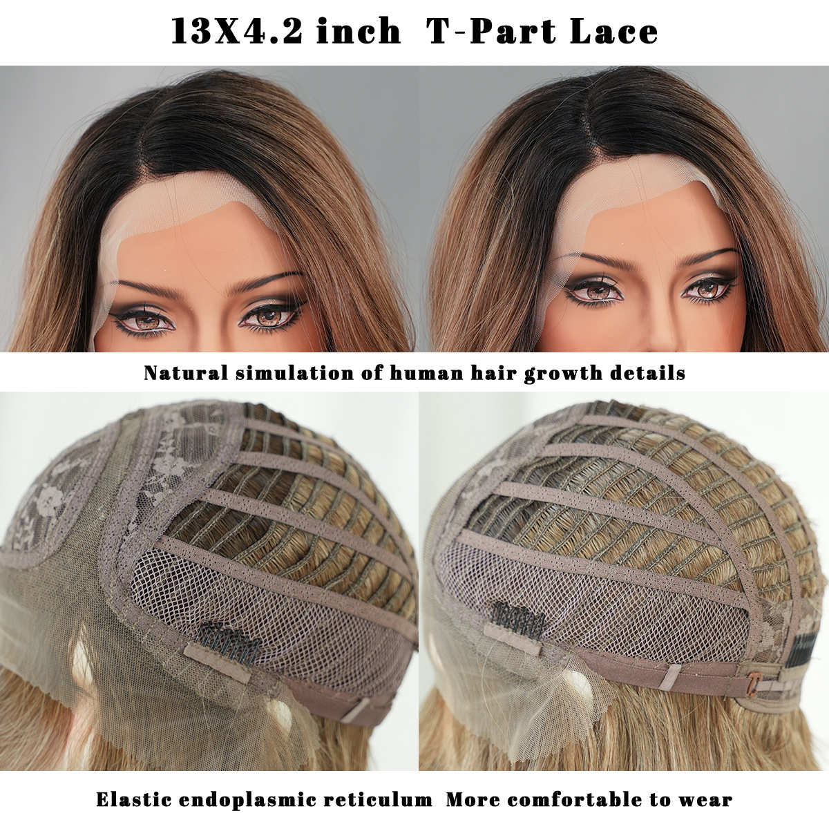 A wig with wavy mocha brown highlighted synthetic hair, styled with a side split and fiber T-part lace
