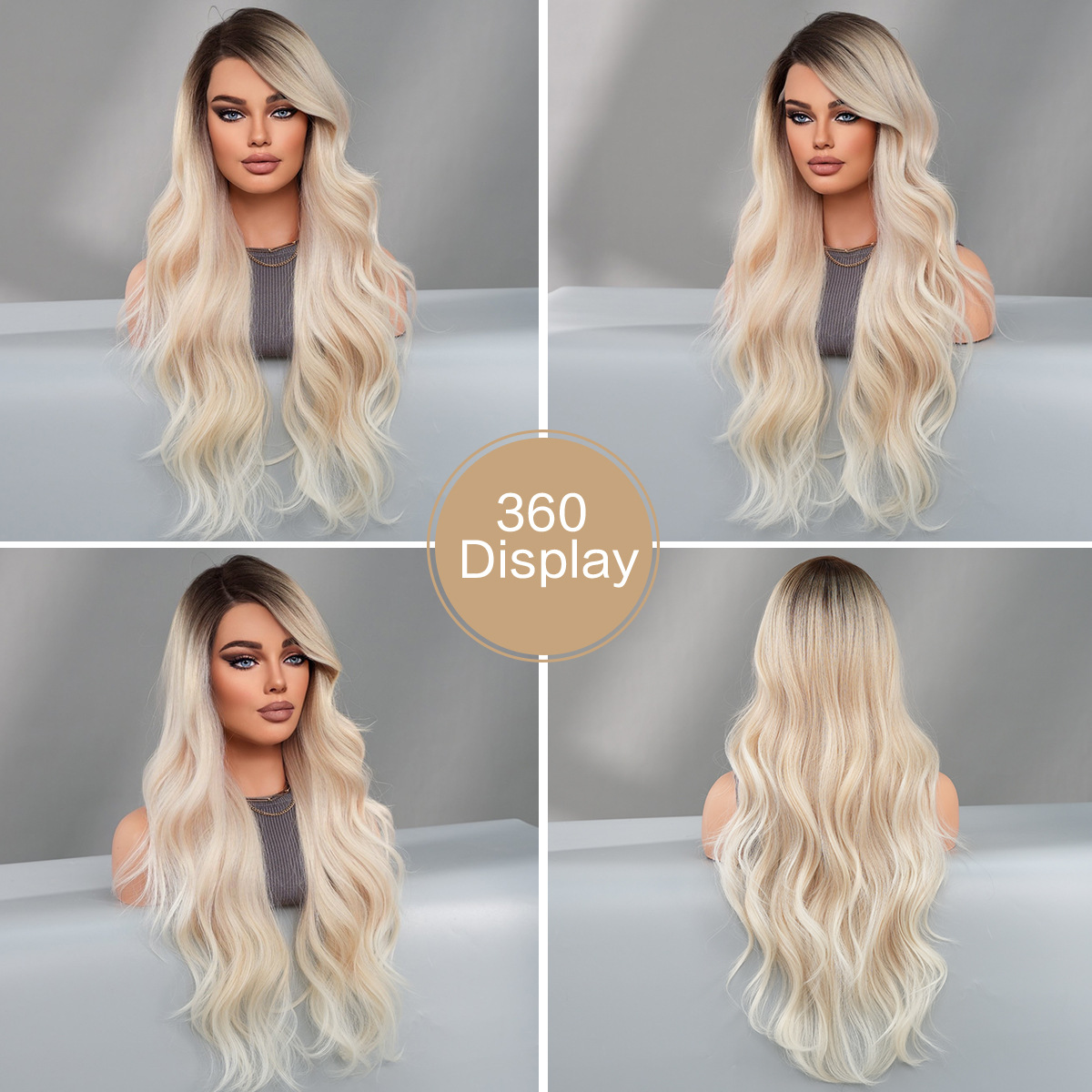 mage of a women's synthetic wig featuring side-parted large waves in a champagne gold gradient, with T lace construction