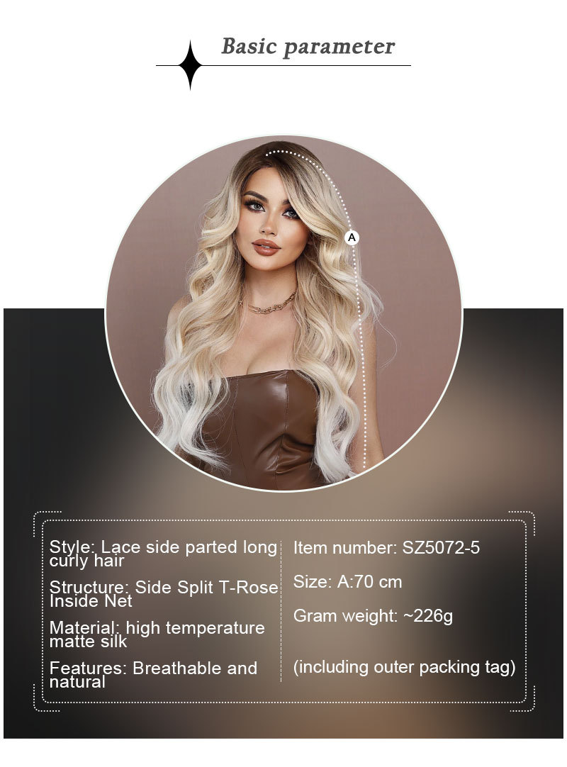 Stylish synthetic wig for women with side-parted champagne gold gradient large waves, made with T lace for a comfortable feel