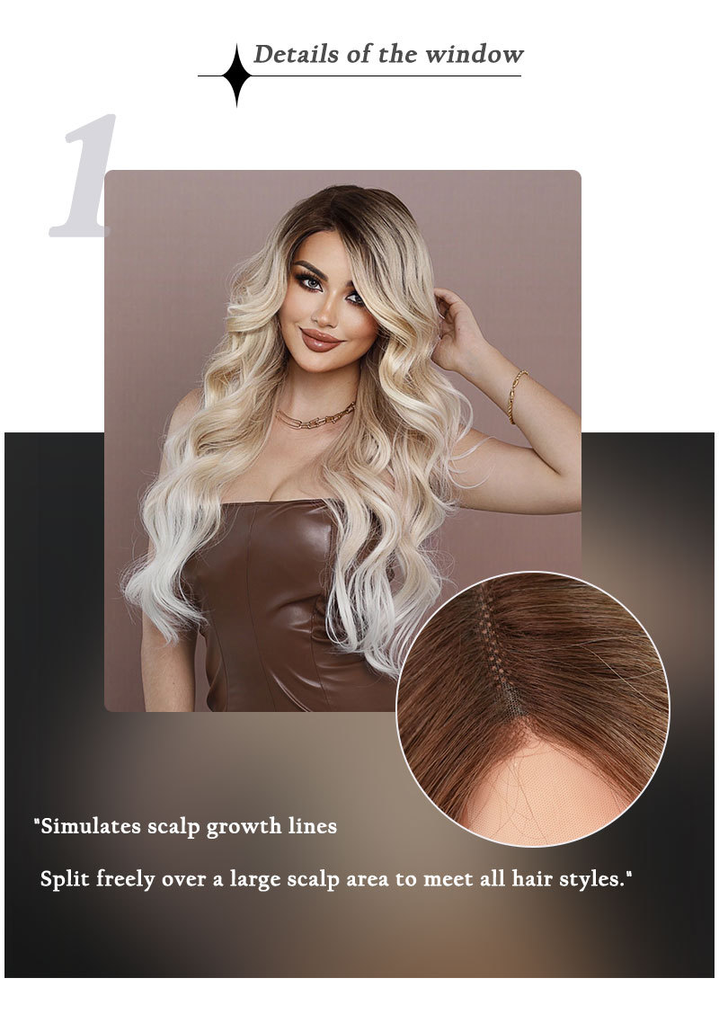A fashionable women's synthetic wig featuring champagne gold gradient large waves, styled with a side part and T lace for durability