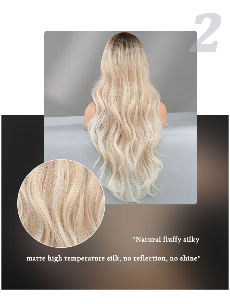 Image of a women's synthetic wig styled with side-parted champagne gold gradient large waves, crafted with T lace for a natural appearance