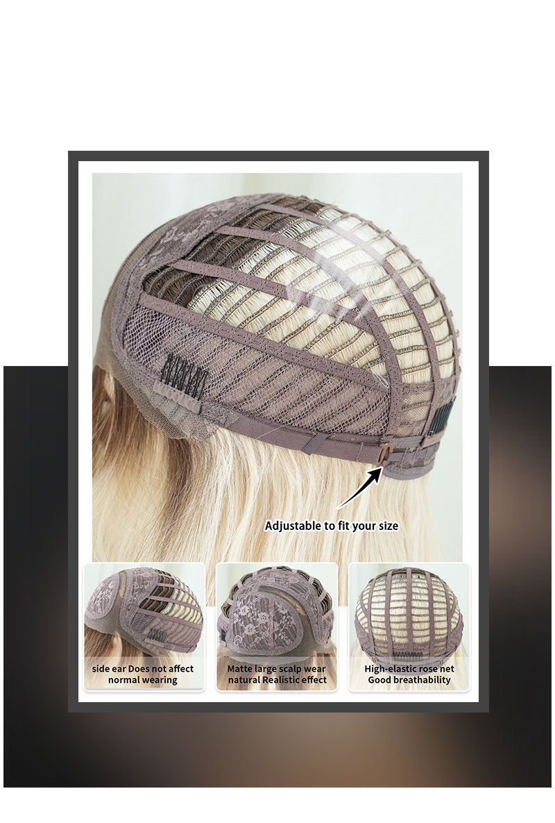A synthetic wig designed for women, featuring side-parted champagne gold gradient large waves and T lace for a secure fit