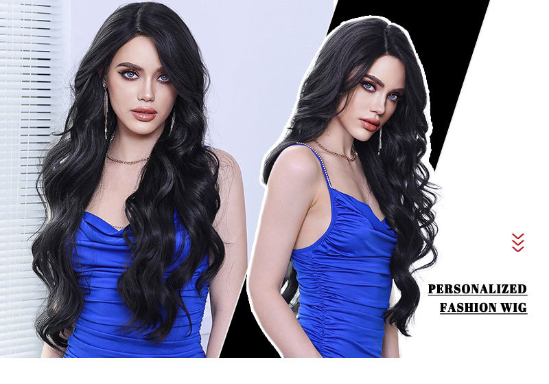 Stylish natural black synthetic wig featuring small T lace wig, large wavy long curly hair with side parting