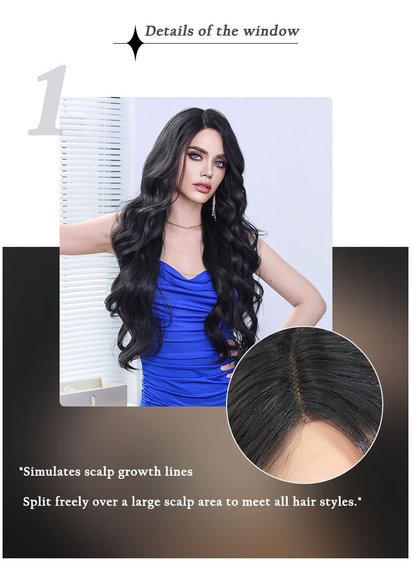 Women's wig in natural black synthetic hair with large wavy long curly hair and side parting, small T lace wig