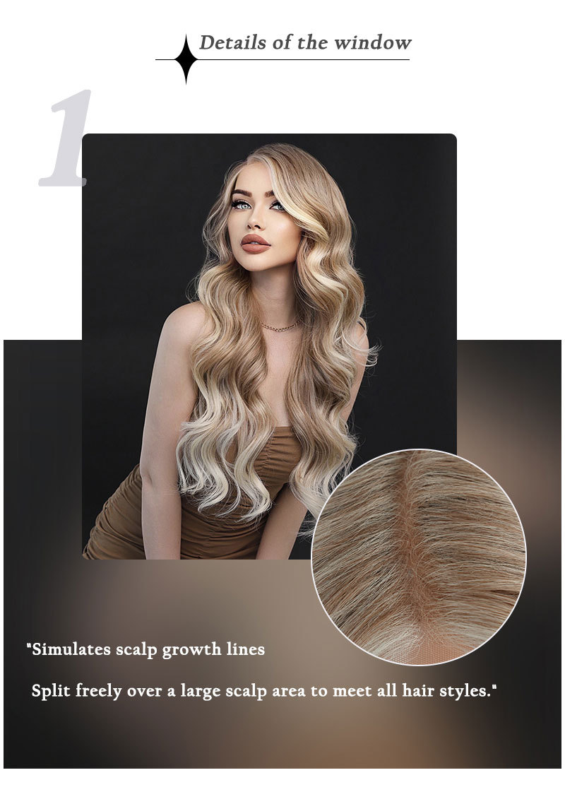 Synthetic lace front wig in ombre brown, styled with a side part and long wavy hair