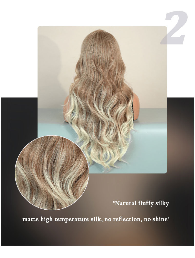 Trendy synthetic lace front wig with a side part, styled in long wavy hair with ombre brown color