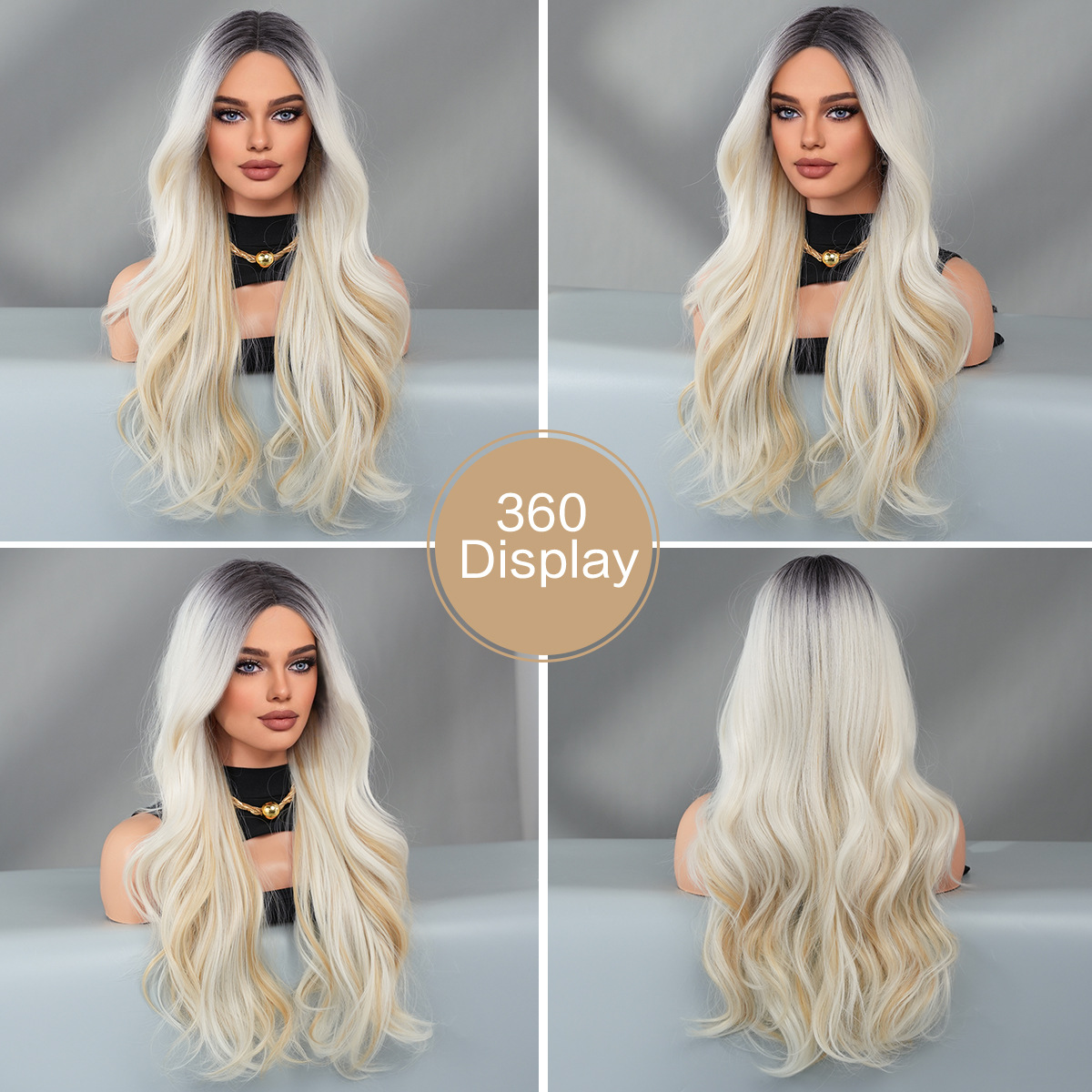 A wig with middle-parted beige wavy long curly synthetic hair, featuring small T lace