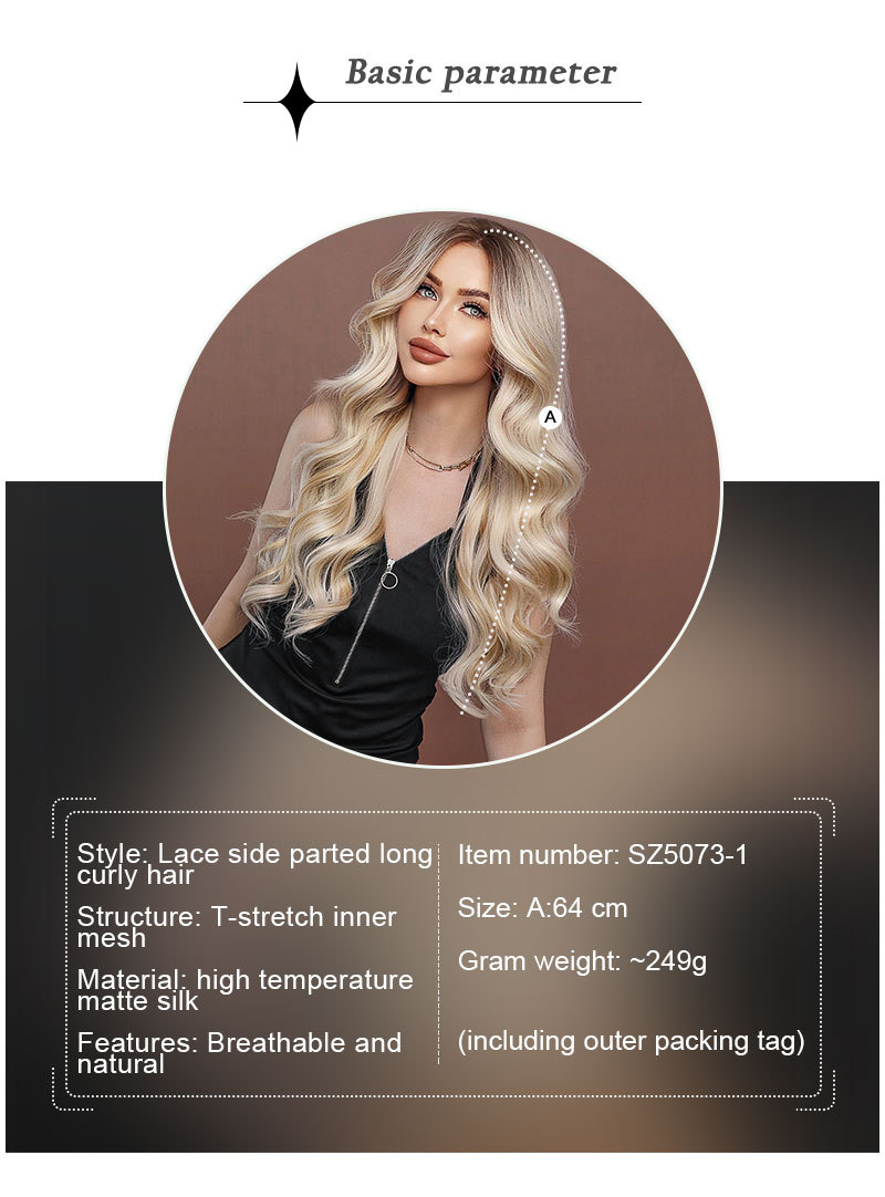 A synthetic wig with middle-parted beige wavy long curly hair, featuring small T lace