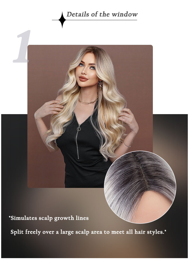A wig with middle-parted beige wavy synthetic long curly hair, featuring small T lace