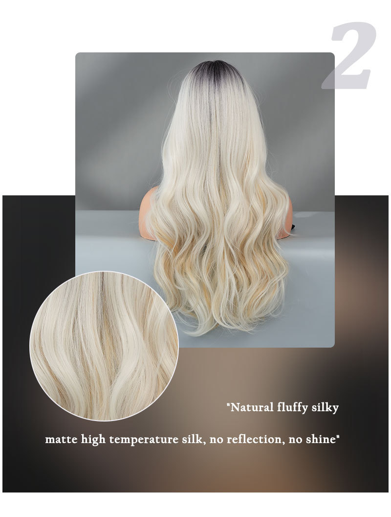 A synthetic wig with small T lace, featuring beige wavy long curly hair styled with a middle part