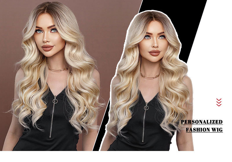 A synthetic wig with beige wavy long curly hair, styled with a middle part and small T lace