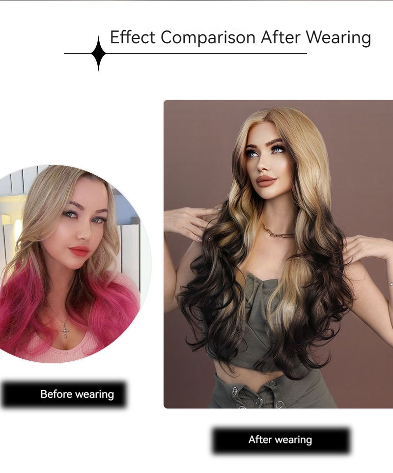 A front lace synthetic wig featuring large wavy long curly hair and a blonde gradient body, ideal for a fashionable appearance