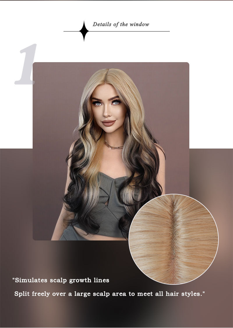 A front lace synthetic wig featuring a blonde gradient body and large wavy long curly hair, designed for a fashionable appearance