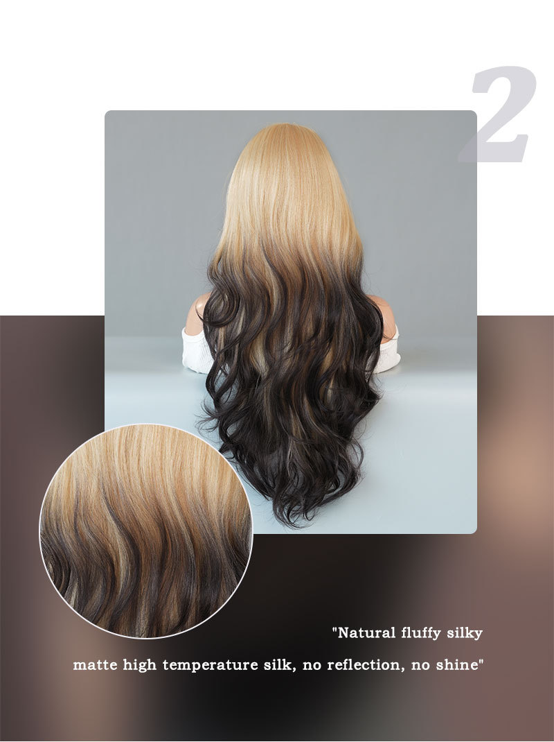 A fashionable front lace synthetic wig with large wavy long curly hair and a blonde gradient body, perfect for a trendy style