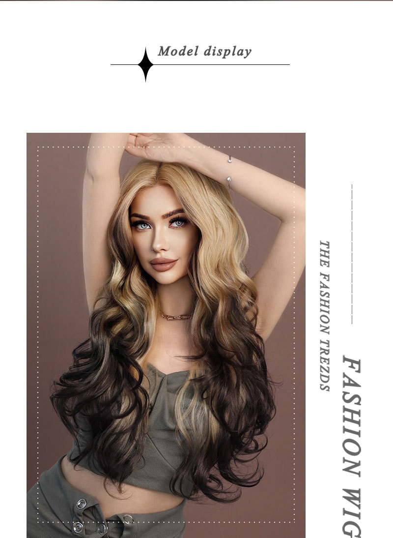 A synthetic wig featuring front lace and large wavy long curly hair, with a stylish blonde gradient body design